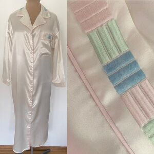 Vintage 80s Satin Flannel Nightgown *Small* ILISE STEVENS White Embroidered Long